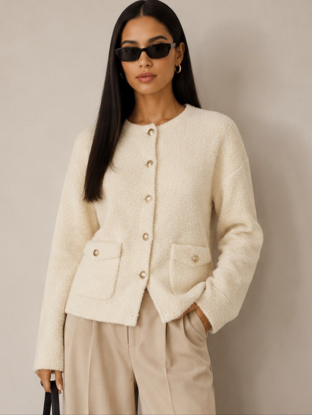 J. Crew Cinched Waist Sweater Jacket Cream Boucle Gold Buttons Size Medium